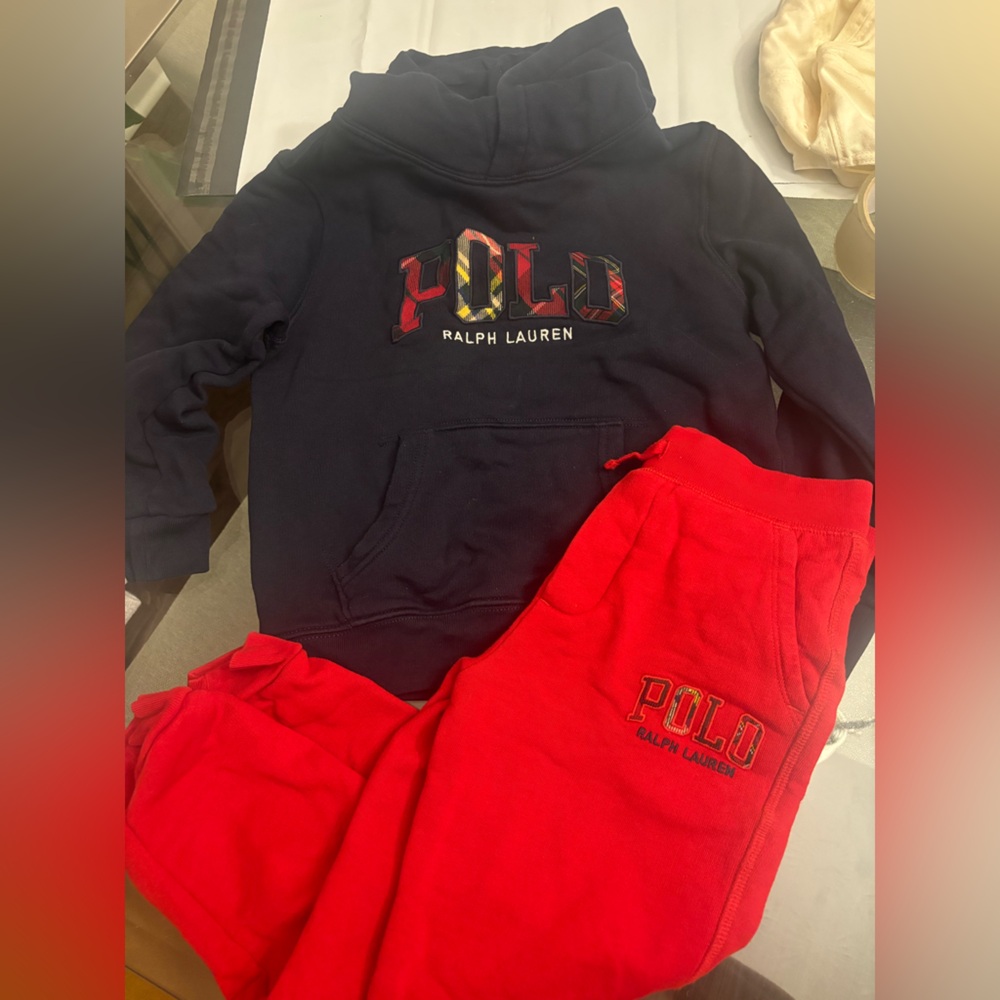 Polo by Ralph Lauren Navy Hoodie & Red Sweatpants Kids Matching Set